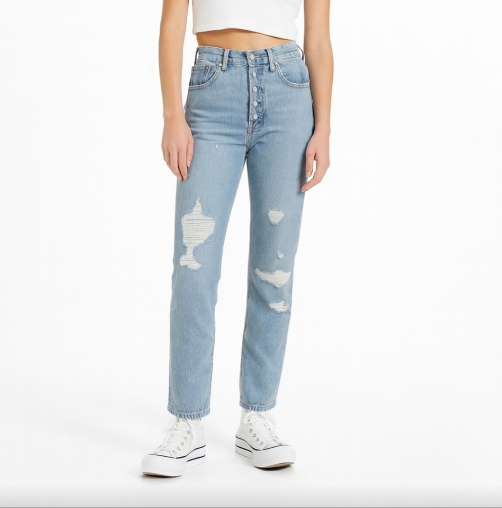 LEVIS Retro Style Button Fly Distressed Jeans, Straight Leg Womens 25x30